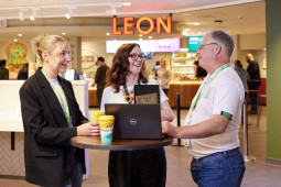 Colleagues meeting with coffees at Leon in Asda House